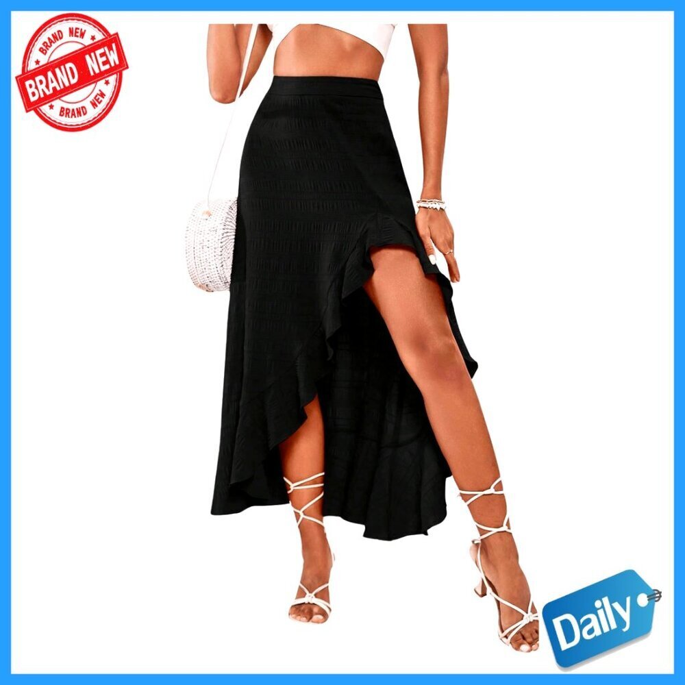 High Waisted Maxi Skirt with Ruffle Hem and Thigh Slit - Polyester